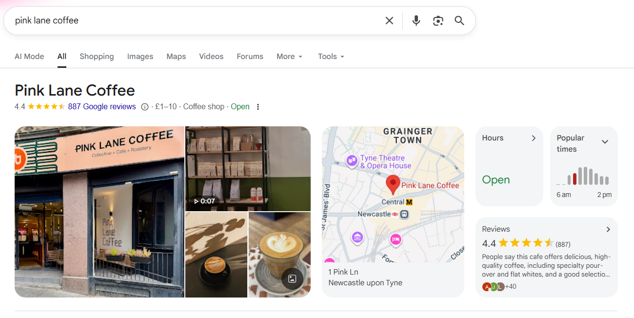 Pink Lane Coffee Google Business Profile Screenshot