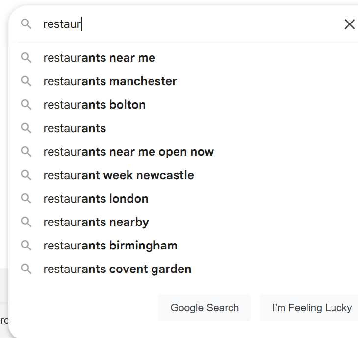 Screenshot of Google search bar entry, showing autocomplete words
