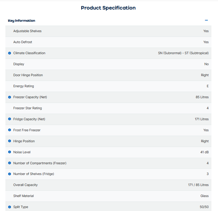 Screenshot of product description list on AO website.